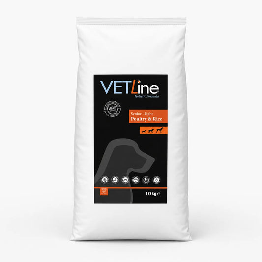 VET-Line Geflügel & Reis Senior Light Hundefutter 10 kg im weissen Futtersack