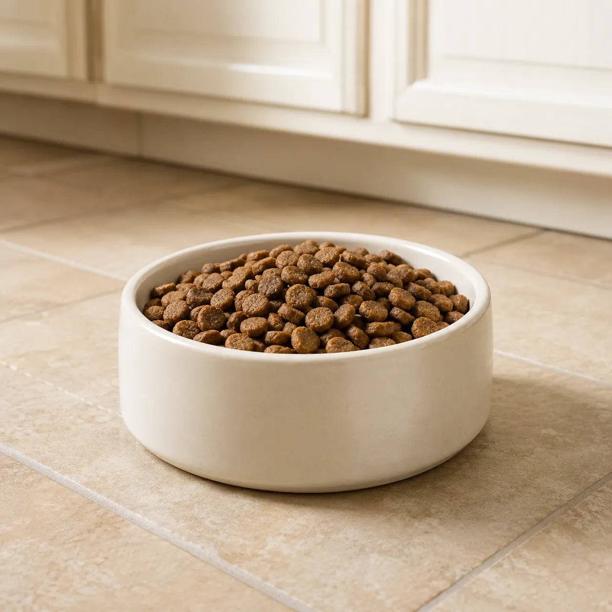 Futternapf mit Kroketten von VET-Line Geflügel & Reis Senior Light Hundefutter