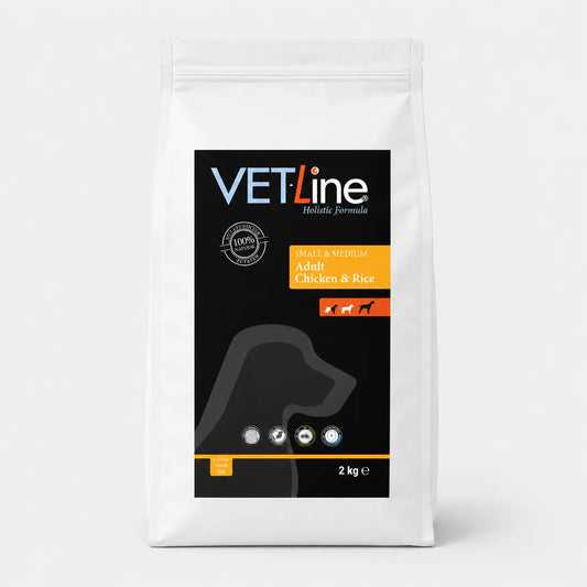 VET-Line Huhn & Reis Small & Medium Adult Hundefutter 2 kg im weissen Futtersack