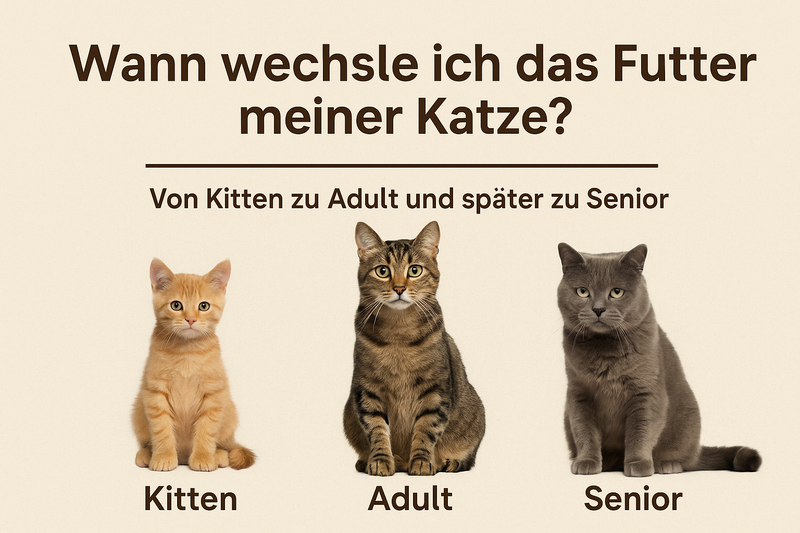 Vom verspielten Kitten zur gemütlichen Senior-Katze – wann Deine Katze welches Futter braucht, zeigt dieses Bild anschaulich.