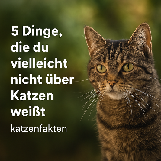 Braune getigerte Katze mit grünen Augen vor einem verschwommenen grünen Hintergrund. Text auf der linken Seite: '5 Dinge, die du vielleicht nicht über Katzen weißt' und 'katzenfakten'.