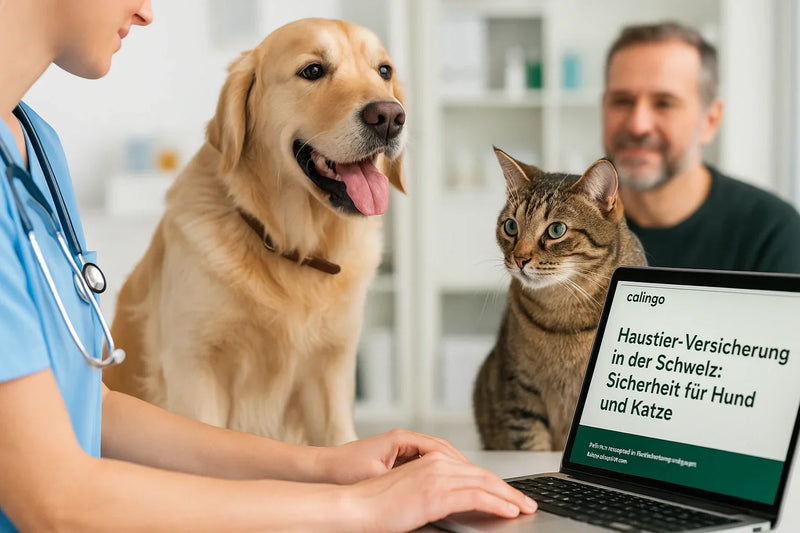 Glücklicher Hund und Katze beim Tierarzt – Calingo Haustierversicherung bietet Schutz, Vertrauen und Sicherheit für Tierhalter in der Schweiz