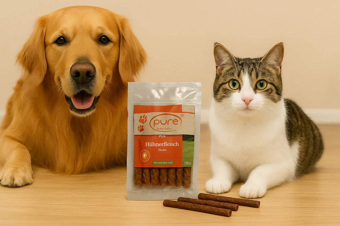 Golden Retriever und Katze sitzen neben einer Packung Pure Naturfutter Hühnerfleisch Sticks – gesunder, getreidefreier Snack für Hunde und Katzen.