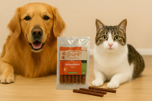 Golden Retriever und Katze sitzen neben einer Packung Pure Naturfutter Hühnerfleisch Sticks – gesunder, getreidefreier Snack für Hunde und Katzen.