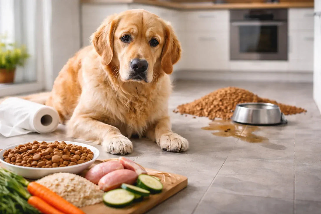 Golden Retriever mit Durchfall in der Kueche neben Hundefutter und frischen Zutaten – Symbolbild fuer ernährungsbedingte Verdauungsprobleme beim Hund