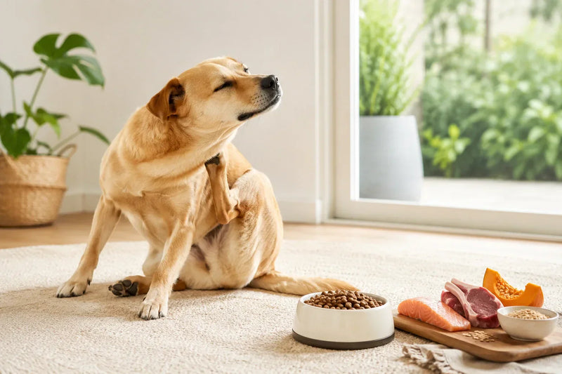 Hund mit Juckreiz kratzt sich neben Napf mit natürlichem Hundefutter und ausgewählten Zutaten