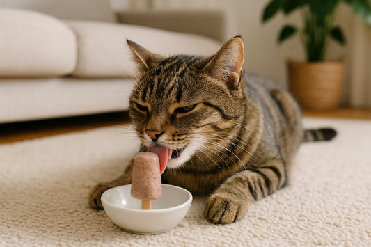 Katze mit DIY Eiskuchen aus PURE Naturfutter – Abkühlung für Katzen an heißen Sommertagen.