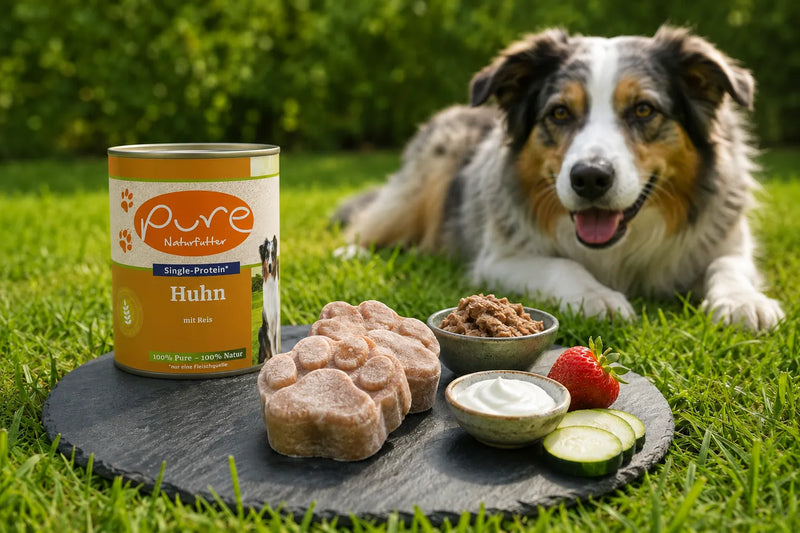 Hundeeis selber machen mit PURE Naturfutter Nassfutter und Kauartikel als Abkühlung für Hunde im Sommer