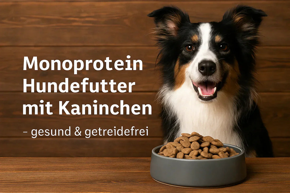 Fröhlicher Hund vor Napf mit getreidefreiem Monoprotein Hundefutter mit Kaninchen – natürliche Ernährung für sensible Hunde