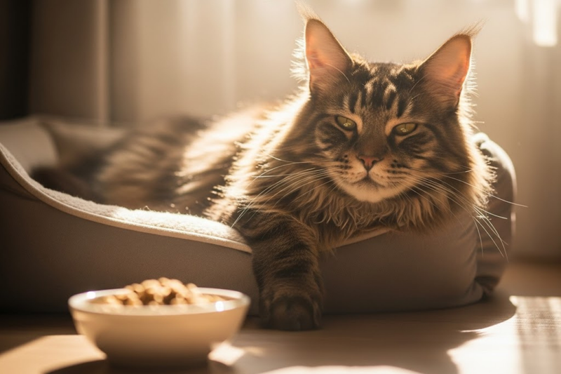 Senior-Katze liegt entspannt im Körbchen mit Futternapf im Vordergrund – Symbol für Ruhe und bedarfsgerechte Ernährung