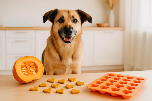 Ein freundlicher Mischlingshund sitzt in einer hellen Küche neben einem aufgeschnittenen Kürbis. Auf dem Tisch liegen selbstgemachte Kürbisleckerlis in Herzform – warmes Licht, natürliche Stimmung.