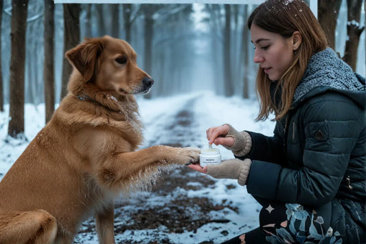 Frau pflegt die Pfote ihres Hundes im winterlichen Wald mit dem NO1Pet Multifunktional Balsam, um sie vor Kälte, Salz und Schnee zu schützen.