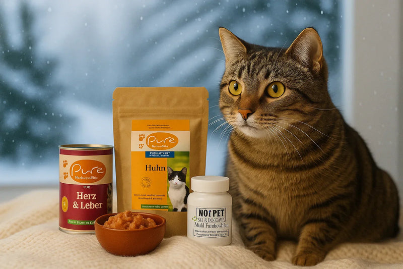 Katze im Winterfenster mit Pure Naturfutter Produkten: Nassfutter, Trockenfutter und Pfotenbalsam für optimale Katzenernährung im Winter.