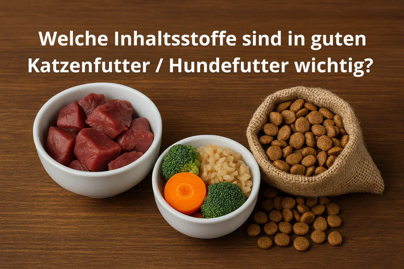Natürliche Zutaten in hochwertigem Katzen- und Hundefutter – Fleisch, Gemüse und Trockenfutter auf Holztisch