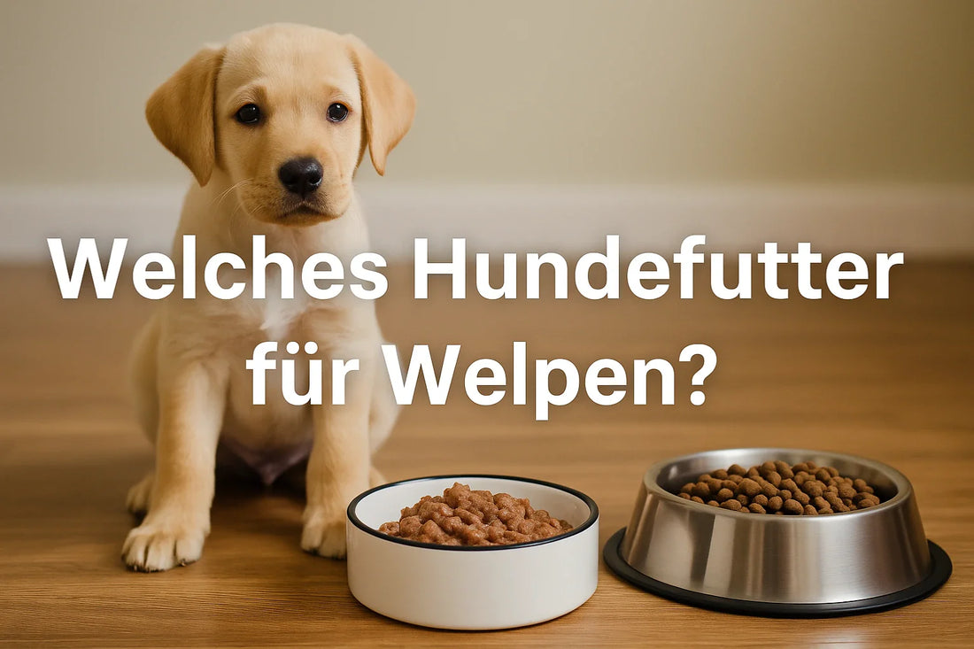 Welpe sitzt vor zwei Futternäpfen mit Nass- und Trockenfutter – Symbolbild für die Frage, welches Hundefutter für Welpen geeignet ist.