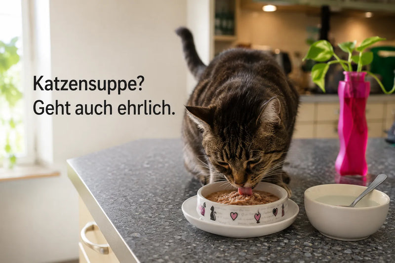 Katze frisst cremiges Nassfutter aus dem Napf in einer hellen Küche, daneben steht eine kleine Schale mit Wasser, Text im Bild: „Katzensuppe? Geht auch ehrlich.“