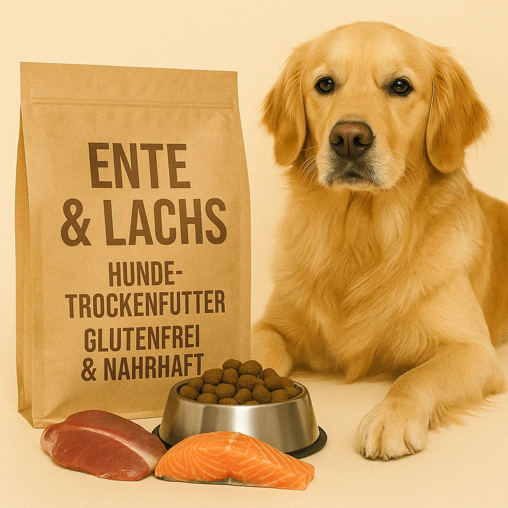 Golden Retriever sitzt neben einer braunen Futtertüte mit Aufschrift ‚Ente & Lachs – Hundetrockenfutter glutenfrei & nahrhaft‘, einem Edelstahlnapf voller Kroketten sowie rohen Stücken Ente und Lachs.