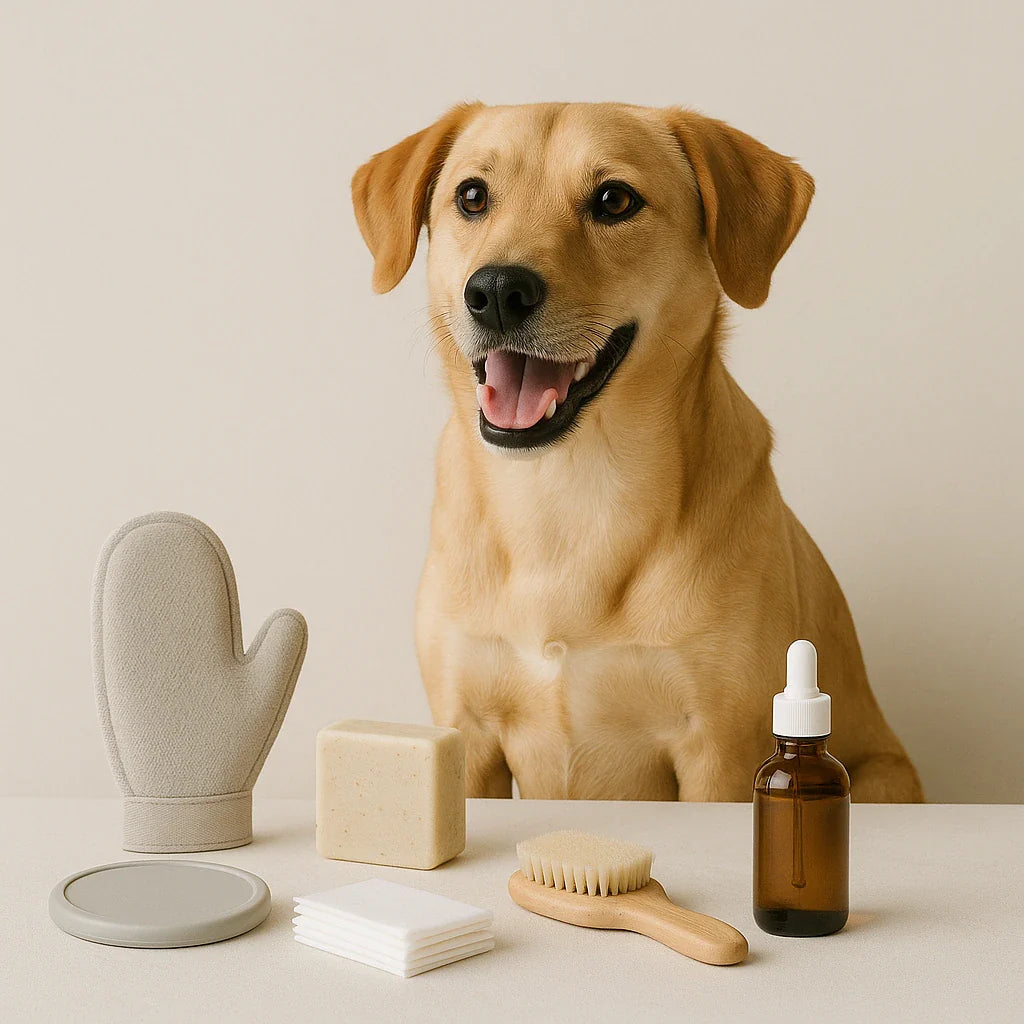 Gepflegter Hund mit hochwertigem Hundezubehör und Hygieneprodukten wie Hundeseife, Zeckenschutz, Bürste und Pflegehandschuh in modernem Studio-Setting.