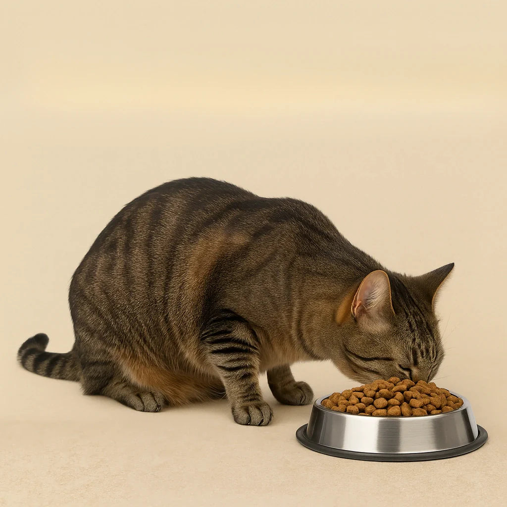 Katze frisst aus einem Napf auf beigem Hintergrund – natürliche Katzenfutter-Kategorie von PURE Naturfutter