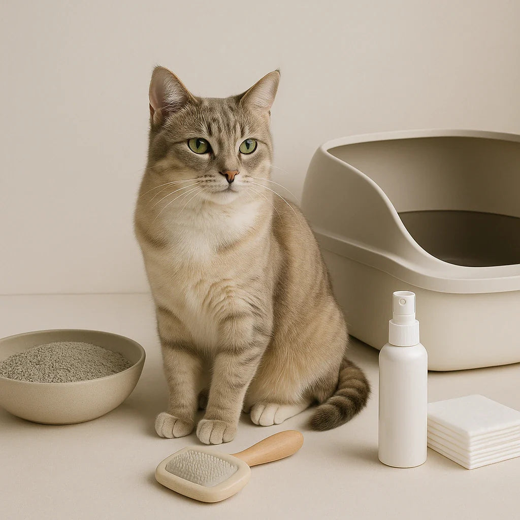 Elegante Hauskatze mit hochwertigem Katzenzubehör wie Katzentoilette, Katzenstreu, Bürste und Hygieneprodukten in modernem, hellem Studio-Setting.