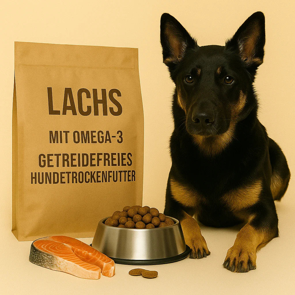 Schwarz-brauner Hund liegt neben einer braunen Futtertüte mit Aufschrift ‚Lachs – mit Omega-3 & getreidefreies Hundetrockenfutter‘, einem Edelstahlnapf voller Kroketten und einem Stück frischem Lachs.