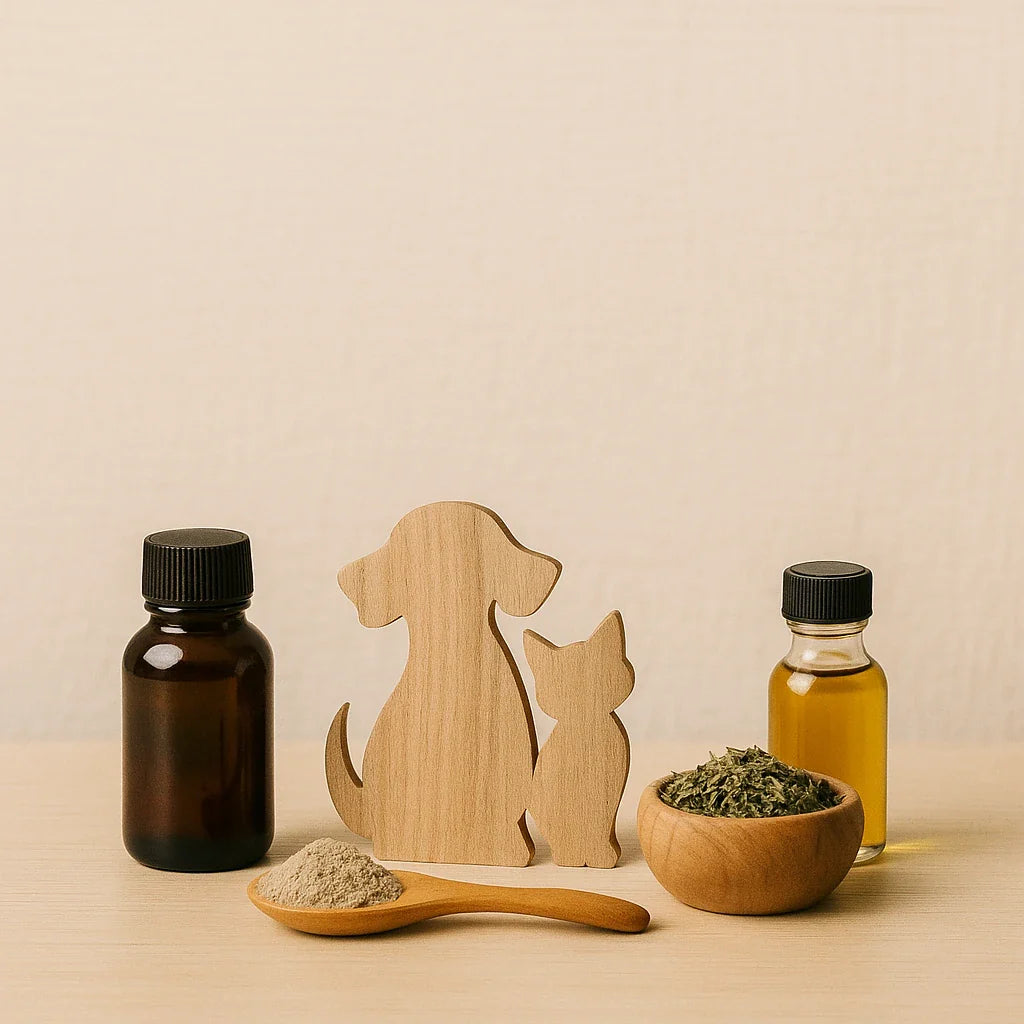 Natürlich arrangierte Nahrungsergänzungsmittel für Hund und Katze mit Holzfiguren, Kräutern, Öl und Pulver auf hellem Untergrund.