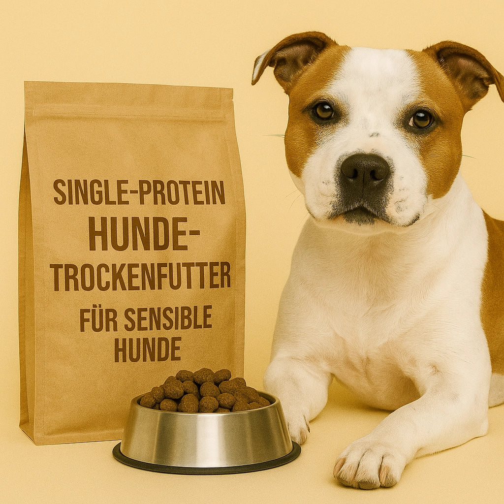 Staffordshire Bull Terrier sitzt neben einer braunen Futtertüte mit Aufschrift ‚Single-Protein Hundetrockenfutter – für sensible Hunde‘ und einem Edelstahlnapf voller Kroketten.