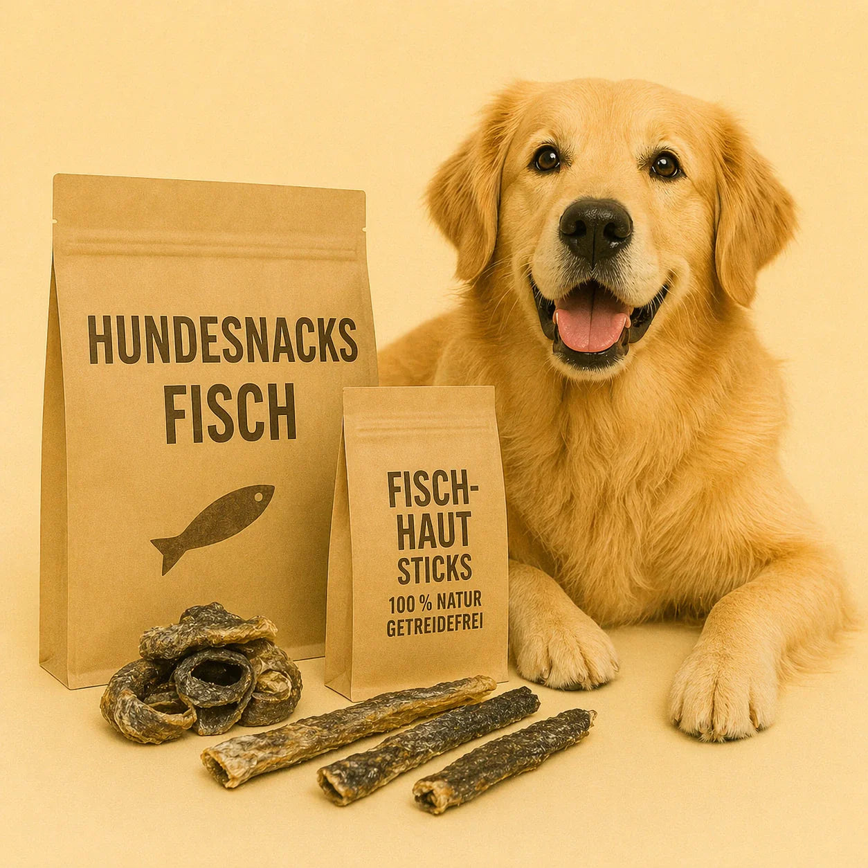 Hund mit natürlichen Fischsnacks – getreidefreie Lachshaut Sticks und Fisch-Kausnacks für Hunde