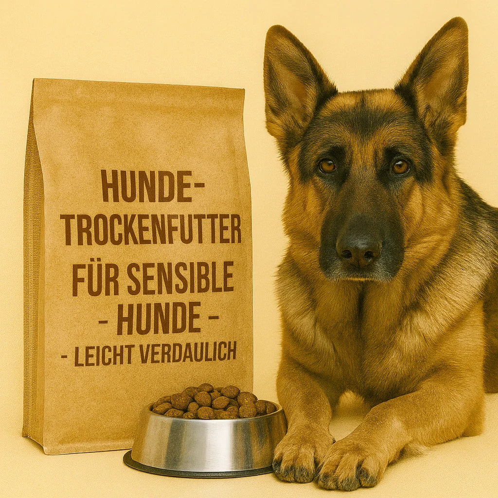 Ruhiger Deutscher Schäferhund neben einer Tüte sensiblen Hundetrockenfutters und einem Napf mit mittelgrossen Kroketten vor beigem Hintergrund.