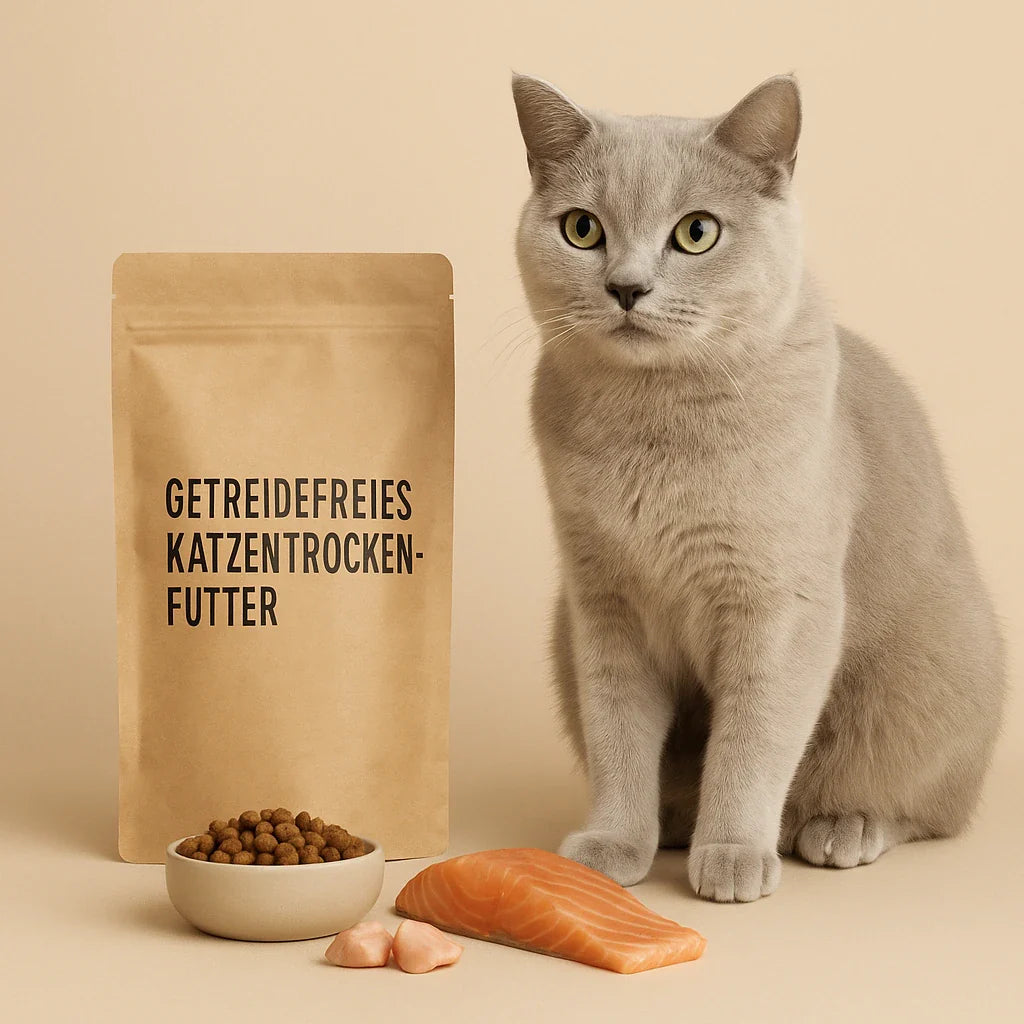 Hellgraue Britisch-Kurzhaar-Katze sitzt neben einer braunen Tüte mit Aufschrift ‚Getreidefreies Katzentrockenfutter‘, einem Napf voller Kroketten sowie frischem Lachs und Hühnerstückchen.