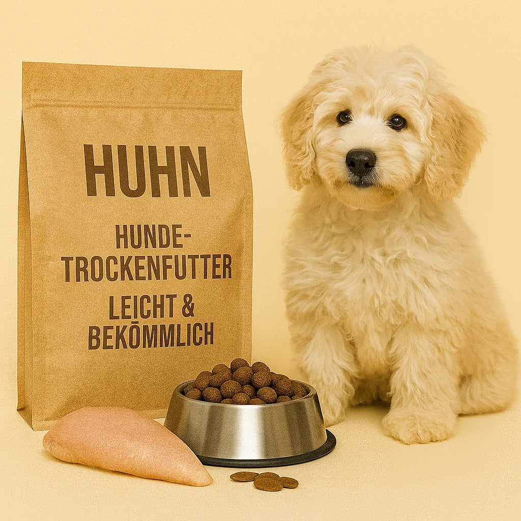 Goldendoodle sitzt neben einer braunen Futtertüte mit Aufschrift ‚Huhn – Hundetrockenfutter leicht & bekömmlich‘, einem Edelstahlnapf voller Kroketten und einem rohen Hühnerfilet.