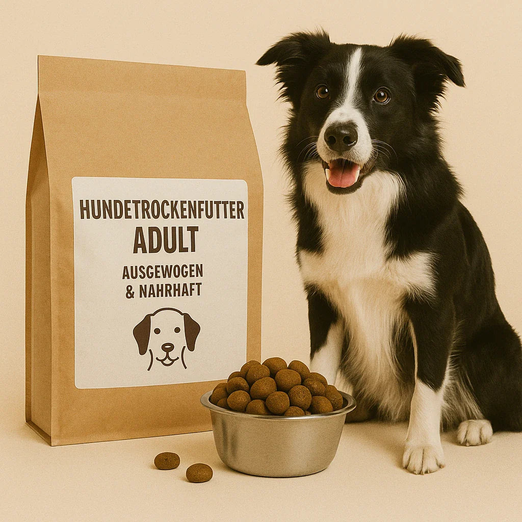 Border Collie sitzt neben einer braunen Futtertüte mit Aufschrift ‚Hundetrockenfutter Adult – ausgewogen & nahrhaft‘ und einem Napf voller Kroketten.
