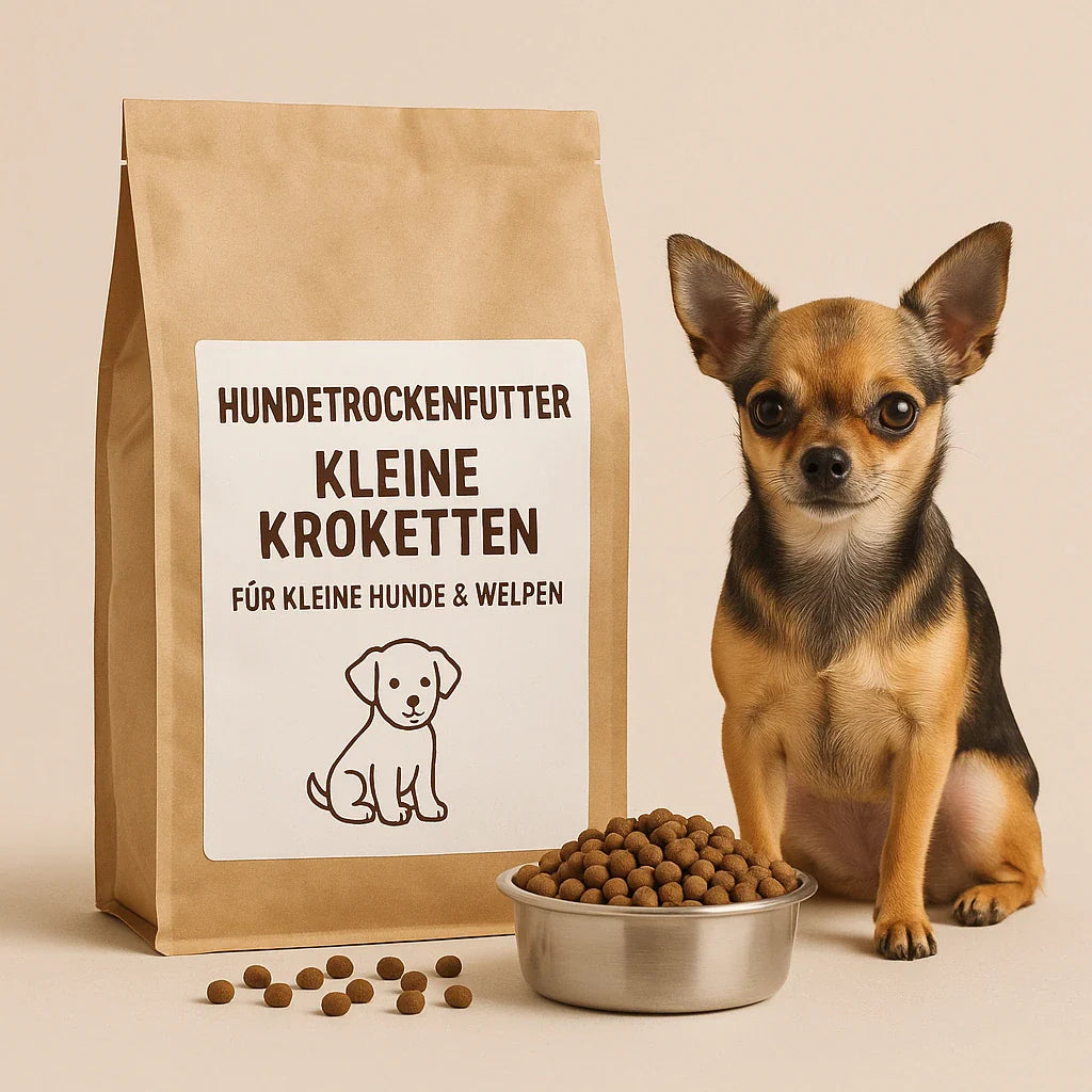Beige Futtertüte mit Aufschrift ‚Hundetrockenfutter kleine Kroketten – für kleine Hunde & Welpen‘, daneben ein Chihuahua und ein Napf mit kleinen Kroketten.