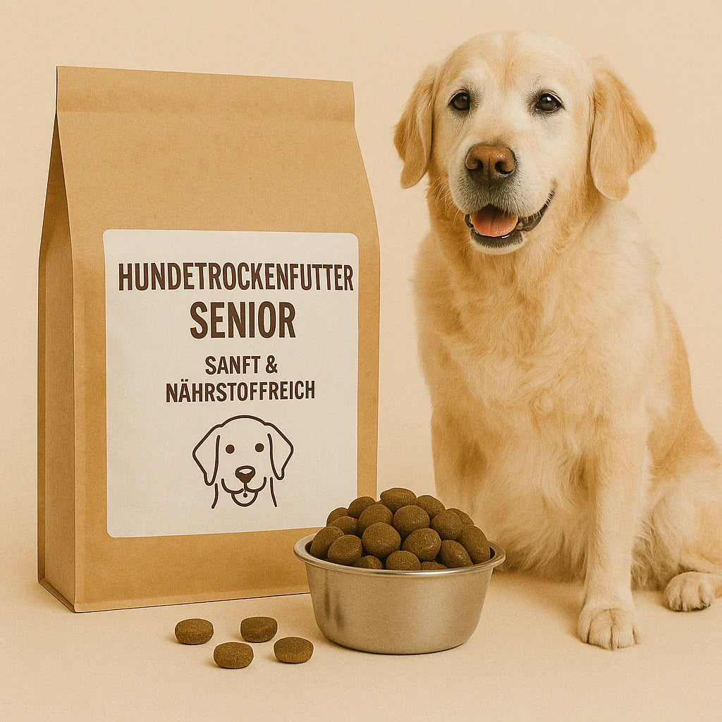 Senior Golden Retriever sitzt neben einer braunen Futtertüte mit Aufschrift ‚Hundetrockenfutter Senior – sanft & nährstoffreich‘ und einem Napf voller Kroketten.