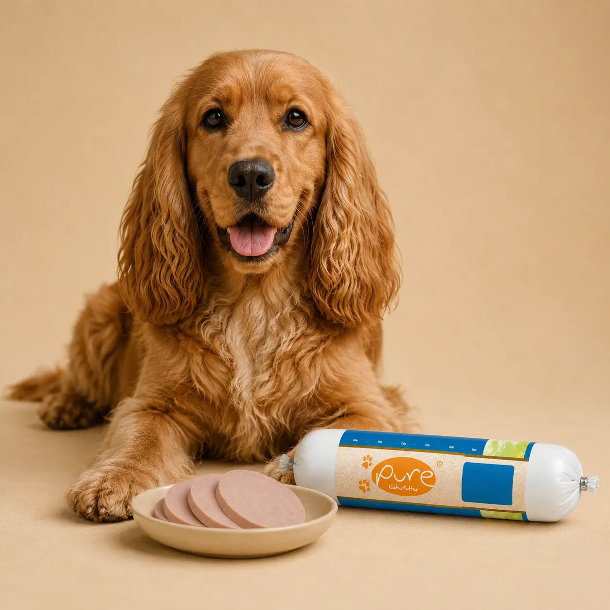 PURE Hundewürste für Hunde mit Hund und geschnittenen Wurststücken