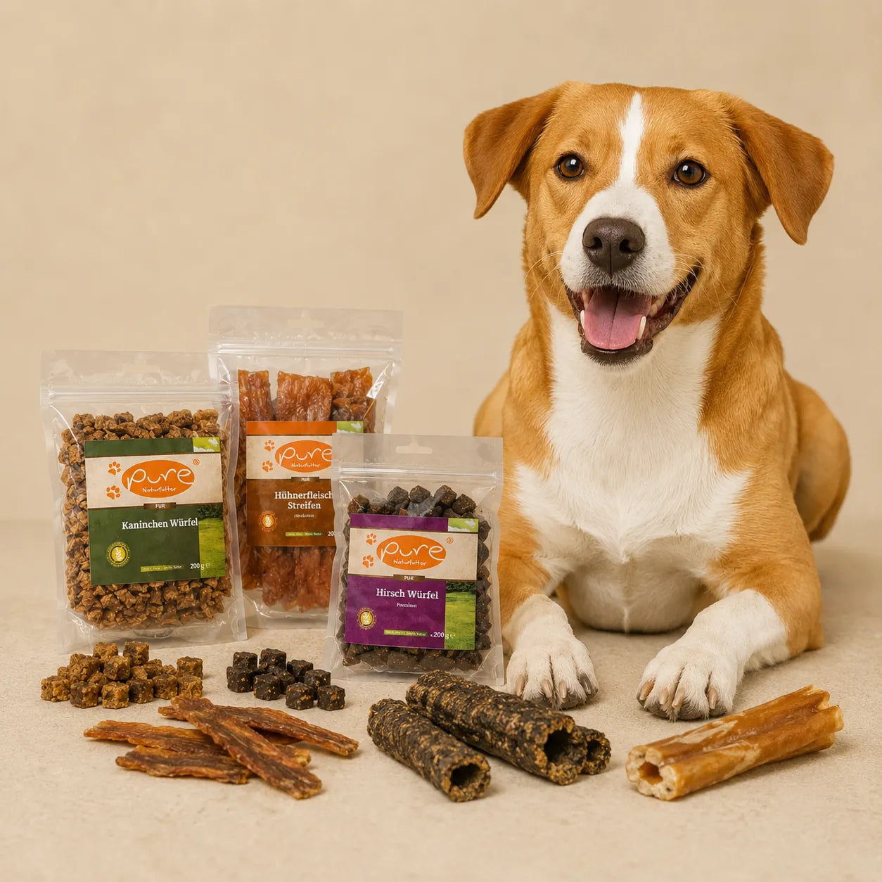 Hund mit natürlichen Snacks von PURE Naturfutter