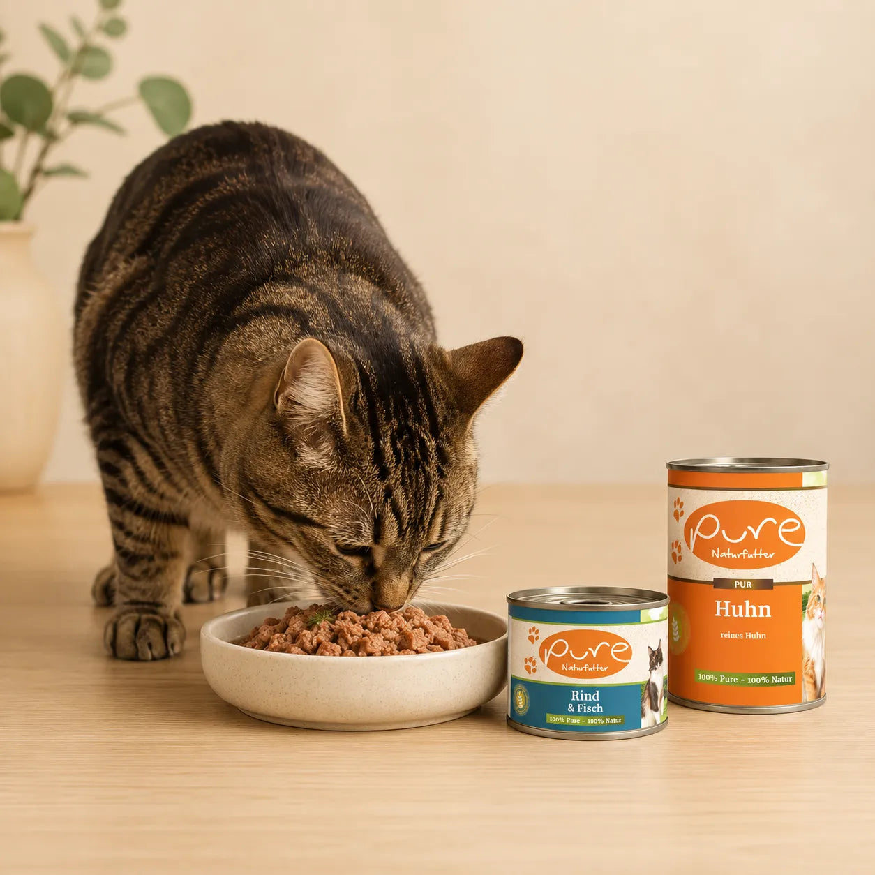 Katze mit Nassfutter von PURE Naturfutter und Futterschale