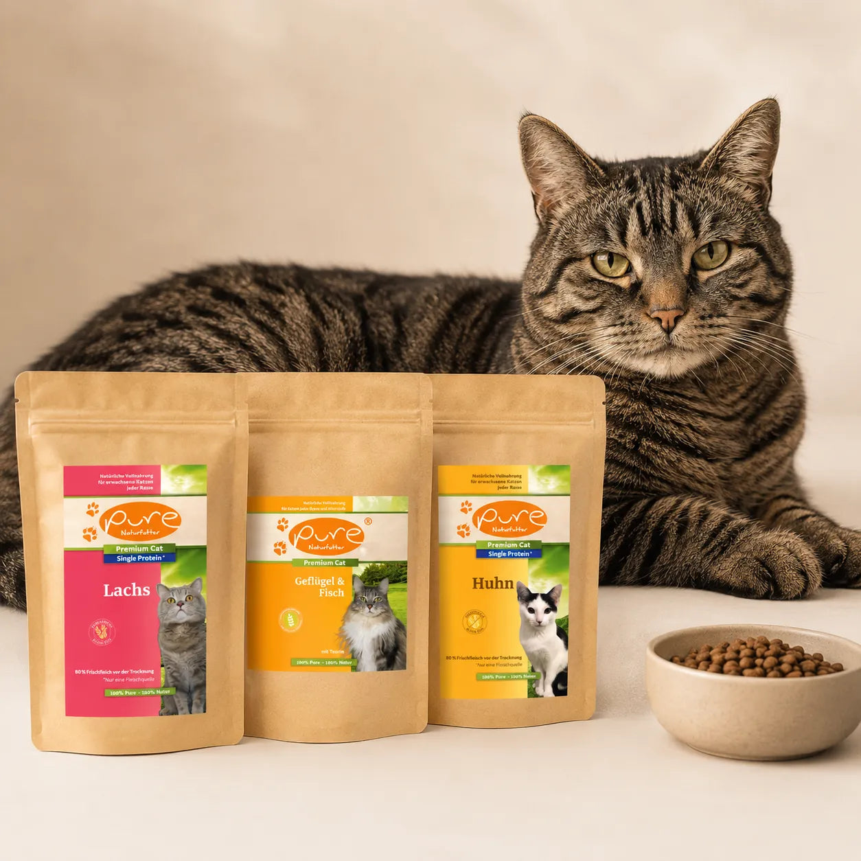 Katze mit Probierpaket von PURE Naturfutter für Katzen