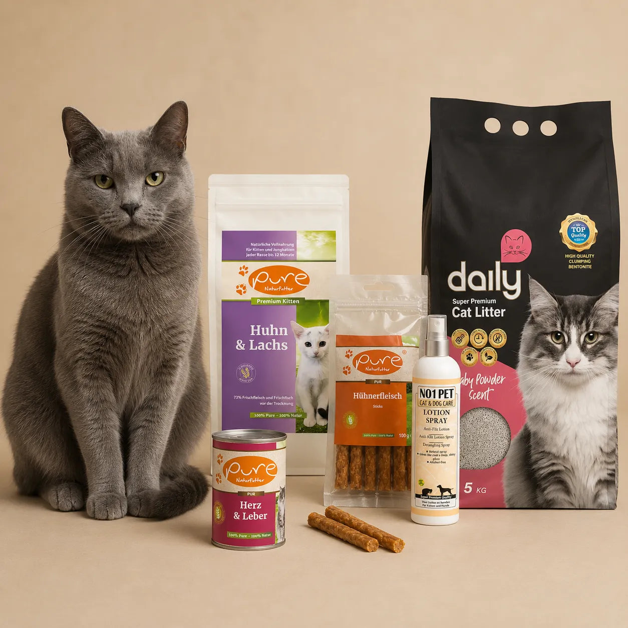 Katze mit ausgewählten Produkten von PURE Naturfutter