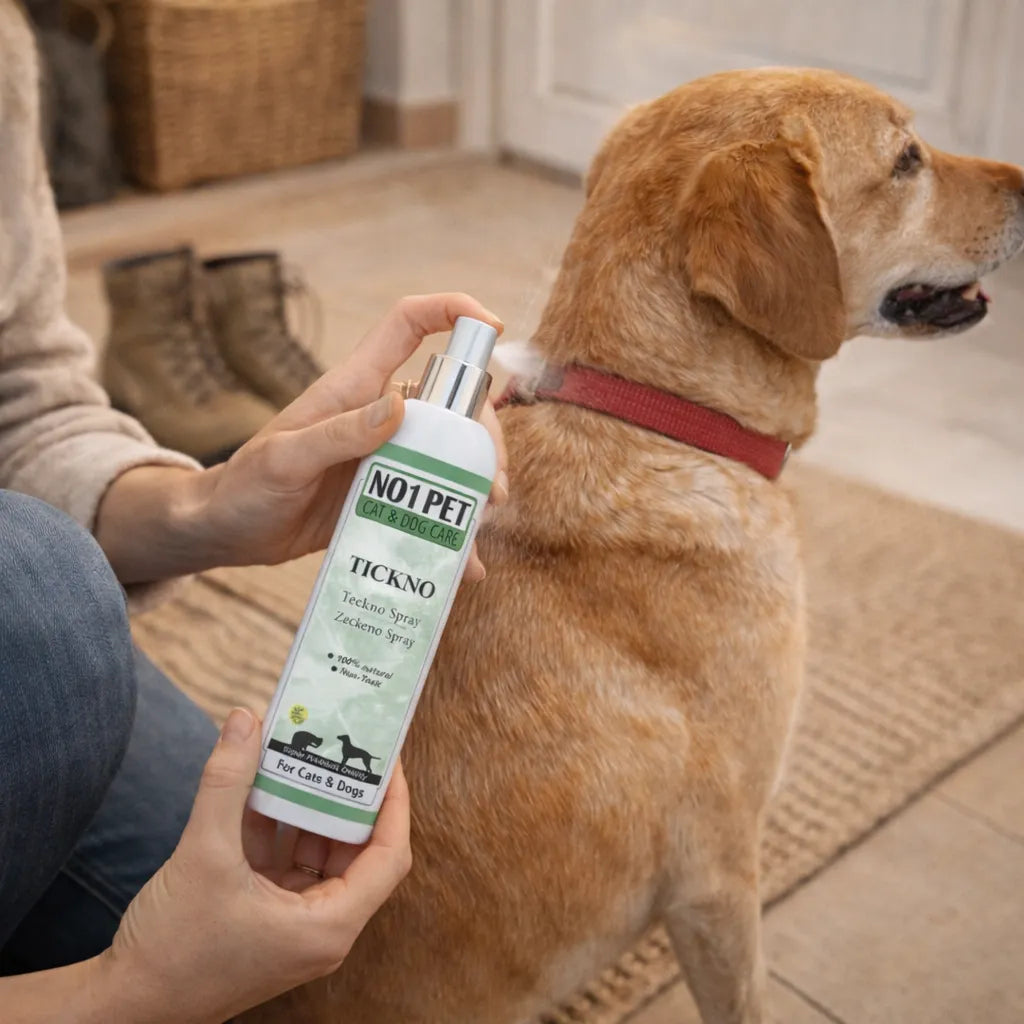 Zeckenspray für Hunde anwenden, natürlicher Zeckenschutz Hund vor dem Spaziergang