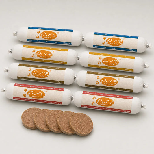 12er Vorratspaket: Je 3x Lamm, Ente, Pute und Fisch & Huhn (Total 4,8 kg Premium-Futter).