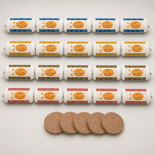 20er XXL-Mega-Paket: Je 5x Lamm, Ente, Pute und Fisch & Huhn (Total 8,0 kg Premium-Futter).