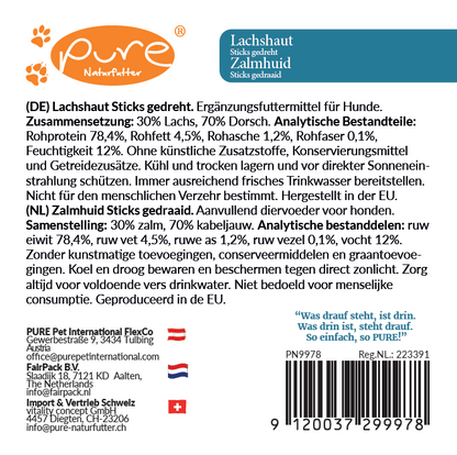 PURE Naturfutter Lachshaut Sticks – Gedrehte Kausnacks aus Lachs & Dorsch, 100 g, getreidefrei