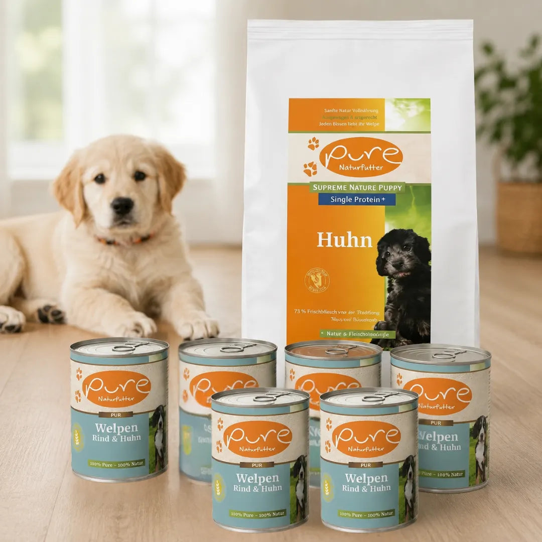 PURE Welpen Starterpaket mit Puppy Huhn Trockenfutter und Welpenmenü Rind & Huhn Nassfutter