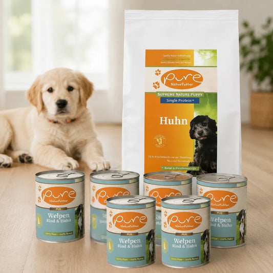 PURE Welpen Starterpaket mit Puppy Huhn Trockenfutter und Welpenmenü Rind & Huhn Nassfutter