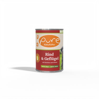 Produktbild PURE Hundemenü Rind & Geflügel 400g – getreidefreies, BARF-geeignetes Nassfutter mit 64 % Fleisch, Karotten & Erbsen für Hunde jeder Altersstufe
