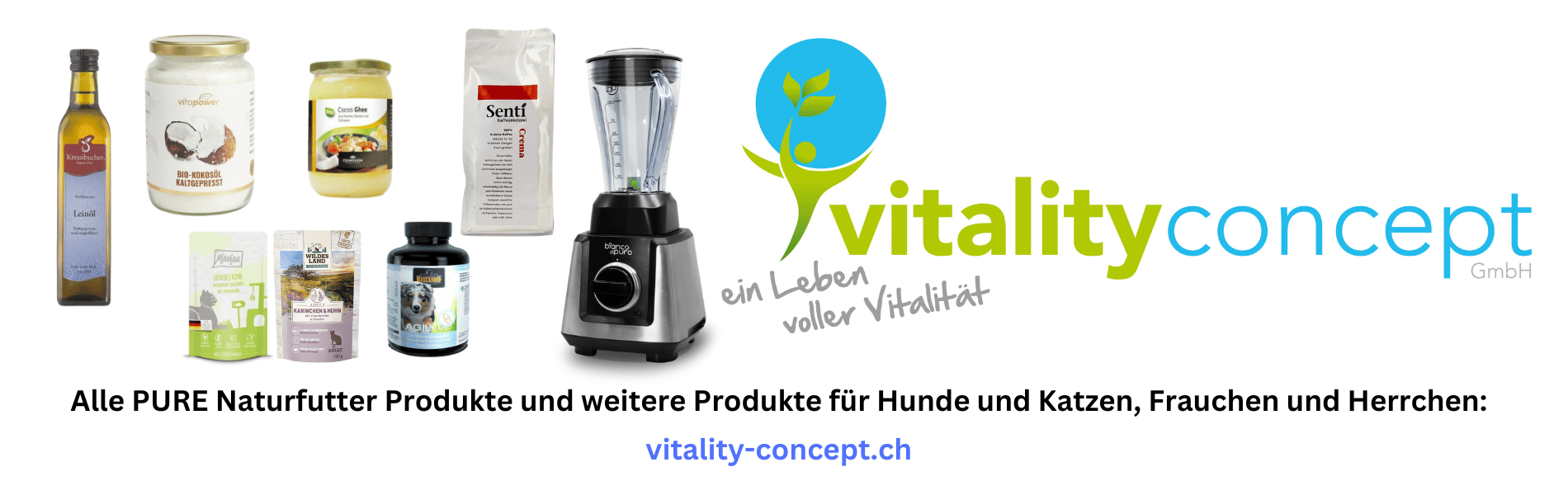 Partnershop Vitality Concept CH – offizieller Partner von PURE Naturfutter, hochwertige Produkte für die gesunde Ernährung von Haustieren.