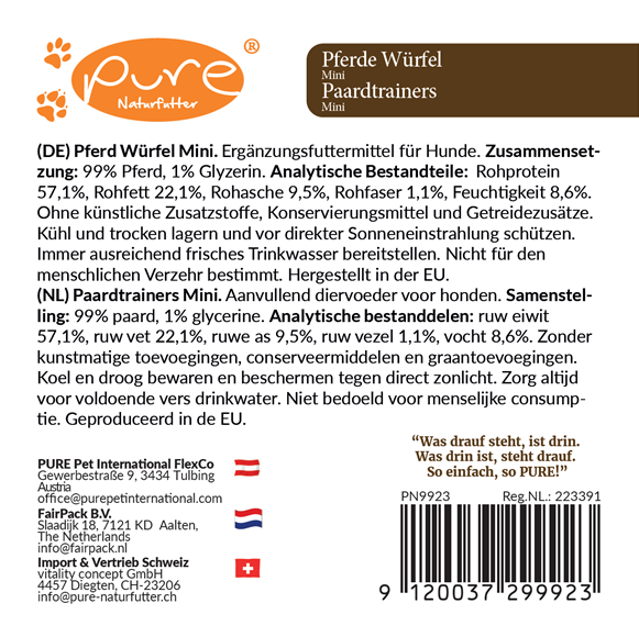 PURE Pferde Würfel Mini Rückseite – Zusammensetzung & Analysewerte des natürlichen Hundesnacks