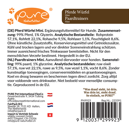 PURE Pferde Würfel Mini Rückseite – Zusammensetzung & Analysewerte des natürlichen Hundesnacks