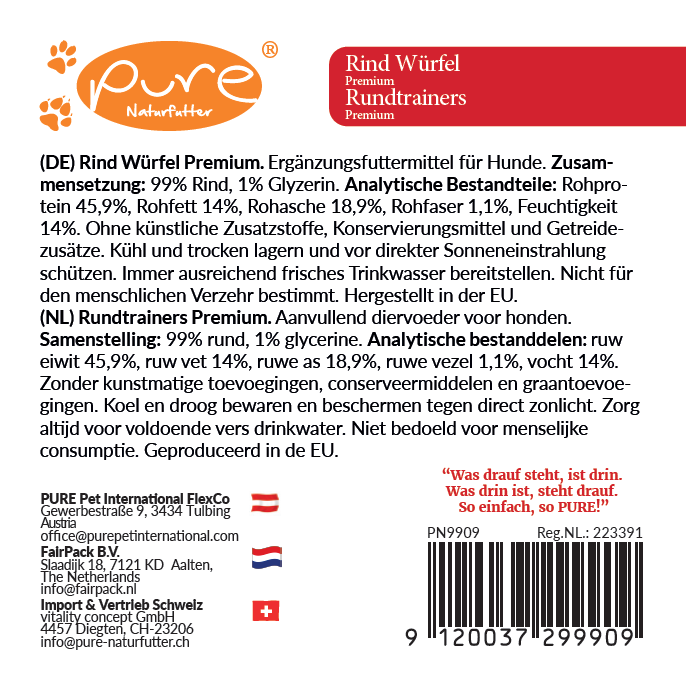 PURE Naturfutter Rind Würfel Premium – Zusammensetzung, Analysewerte, Fütterungshinweise, Rückseite Etikett